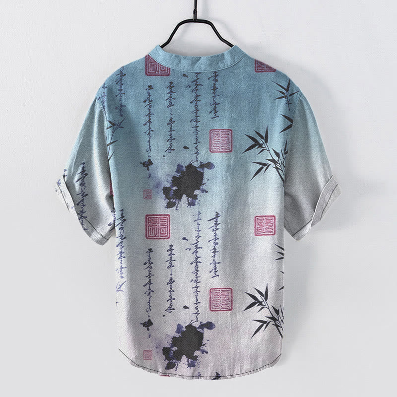Buddha Stones Cotton Gradient Calligraphy Bamboo Ink Painting Pattern Men's Short Sleeve Half Button Shirt - image 5