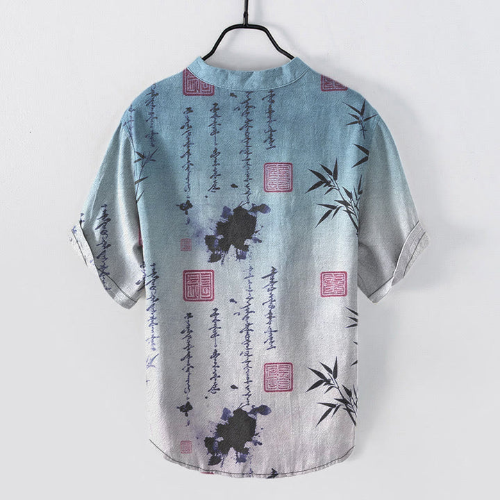 Buddha Stones Cotton Gradient Calligraphy Bamboo Ink Painting Pattern Men's Short Sleeve Half Button Shirt - image 5