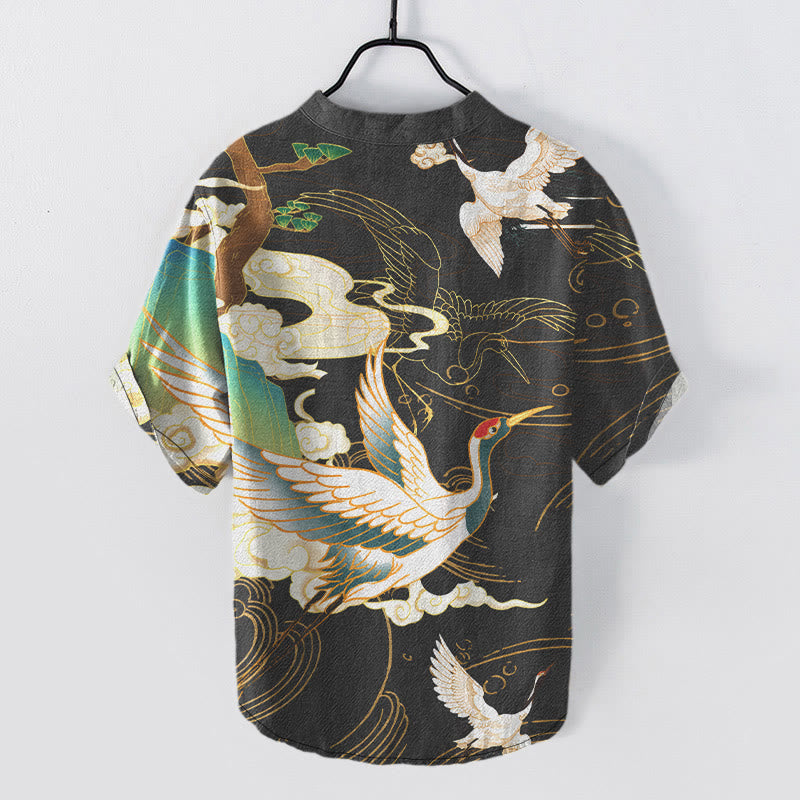 Buddha Stones Cotton Crane Auspicious Clouds Pine Pattern Men's Short Sleeve Half Button Shirt - image 1