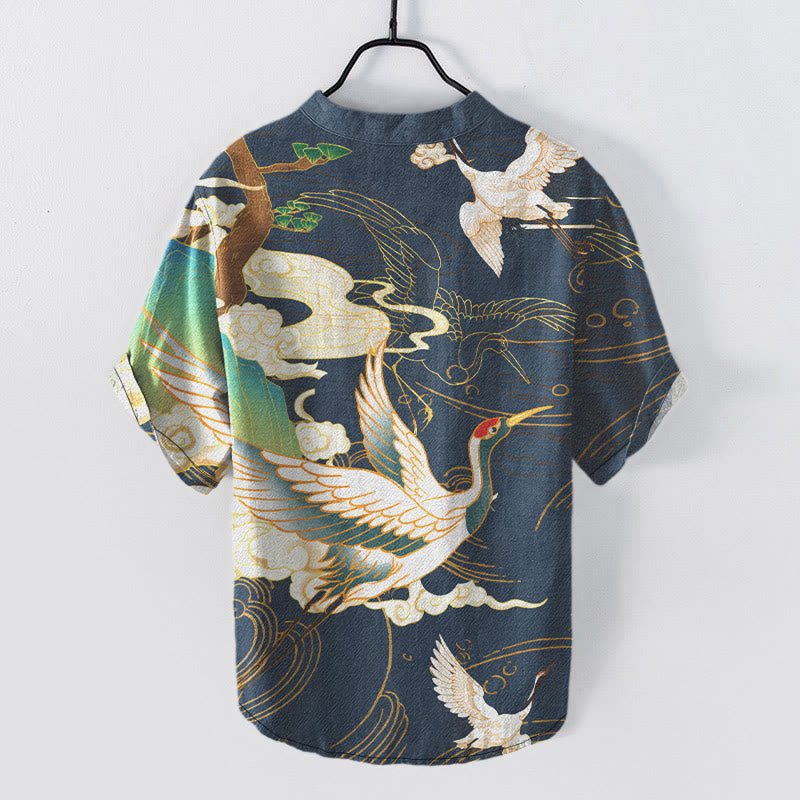 Buddha Stones Cotton Crane Auspicious Clouds Pine Pattern Men's Short Sleeve Half Button Shirt - image 5