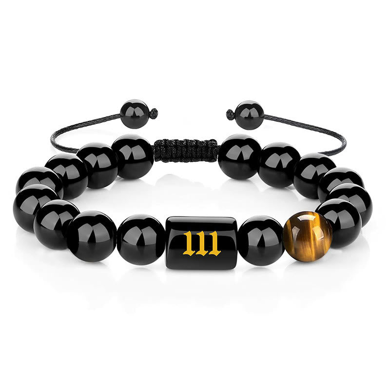 Buddha Stones Angel Number Natural Black Obsidian Tiger Eye Strength Fulfillment Bracelet - 111(Wrist Circumference 15-19cm) - image 10