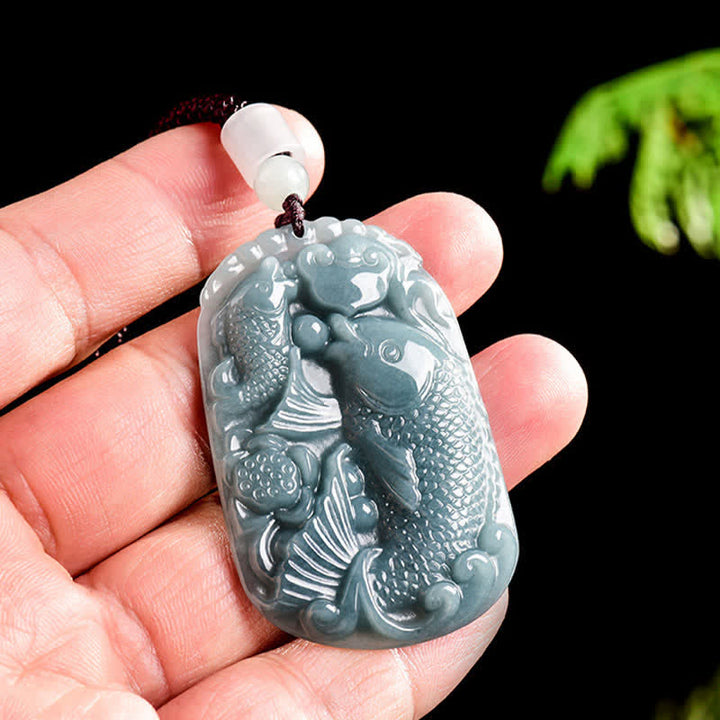 Buddha Stones Natural Jade Carving Double Koi Fish Rope Prosperity Necklace Pendant - image 4