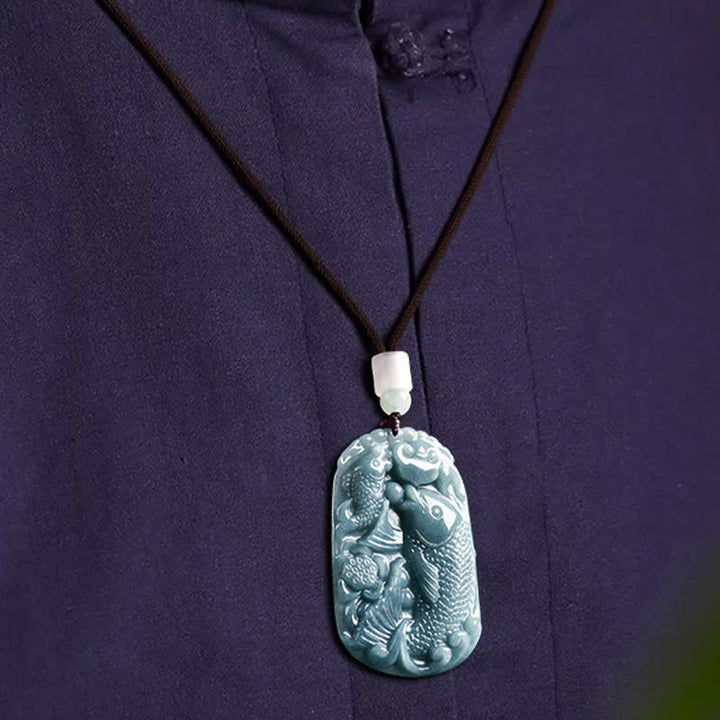 Buddha Stones Natural Jade Carving Double Koi Fish Rope Prosperity Necklace Pendant - image 8