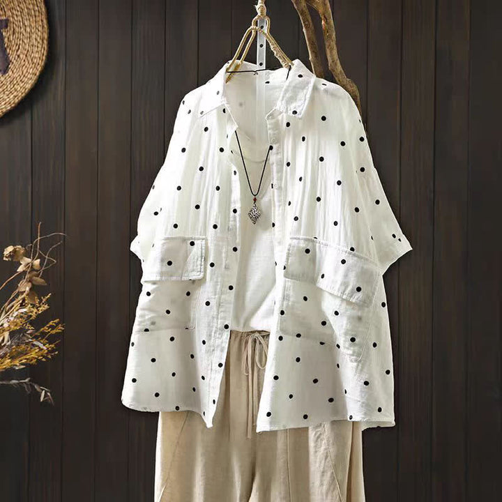 Buddha Stones Women's Commute Short Sleeve Polka Dot Lapel Cotton Shirt With Pockets - White - US12，UK/AU16，EU44 (2XL) - image 2