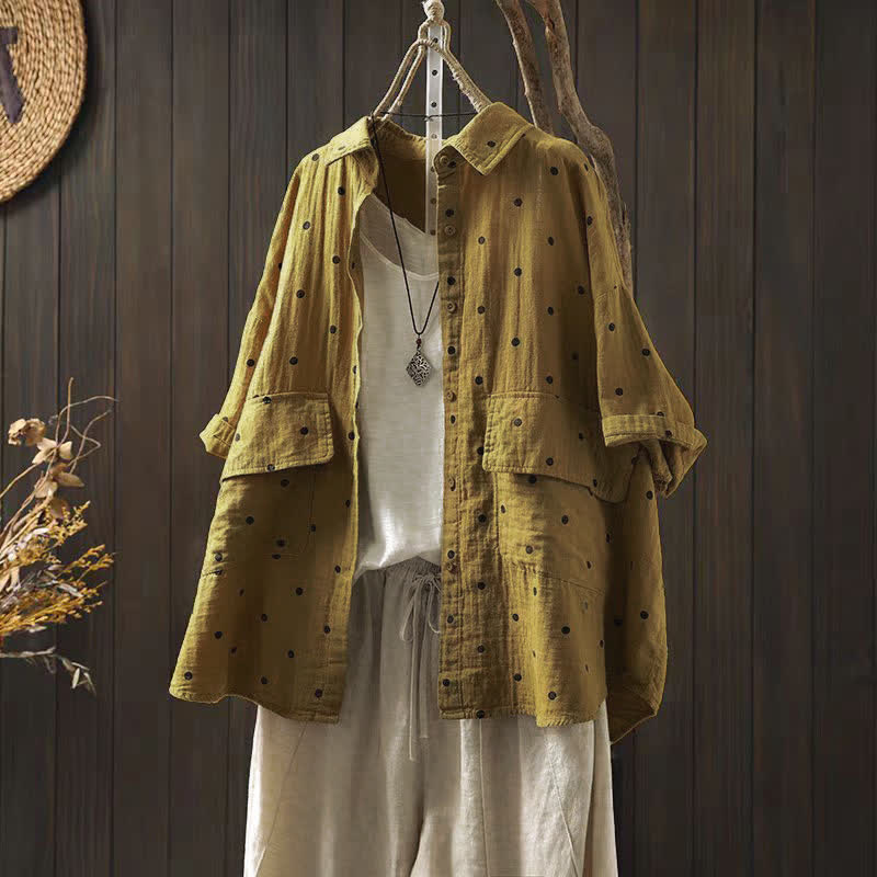 Buddha Stones Women's Commute Short Sleeve Polka Dot Lapel Cotton Shirt With Pockets - Goldenrod - US12，UK/AU16，EU44 (2XL) - image 10