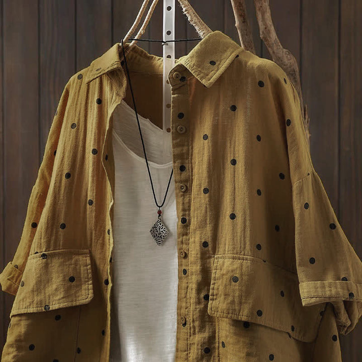 Buddha Stones Women's Commute Short Sleeve Polka Dot Lapel Cotton Shirt With Pockets - image 11