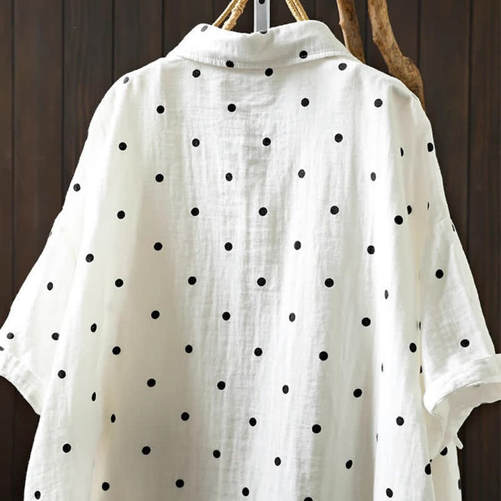 Buddha Stones Women's Commute Short Sleeve Polka Dot Lapel Cotton Shirt With Pockets - image 5