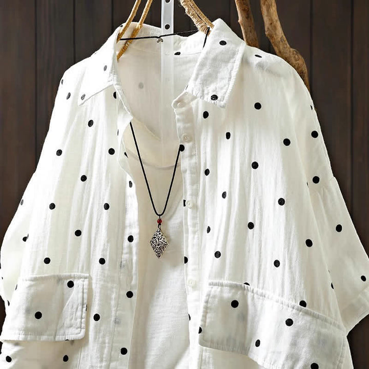 Buddha Stones Women's Commute Short Sleeve Polka Dot Lapel Cotton Shirt With Pockets - image 4