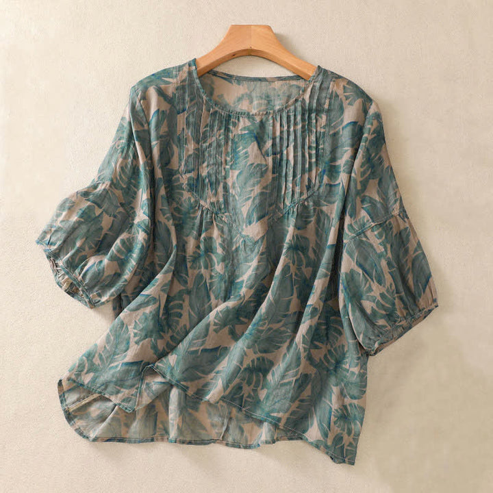 Buddha Stones Commute Floral Crew Neck Pleated Design Puff Short Sleeve Women's T-Shirt - MediumSeaGreen - US8-10，UK/AU12-14，EU40-42 (2XL) - image 0