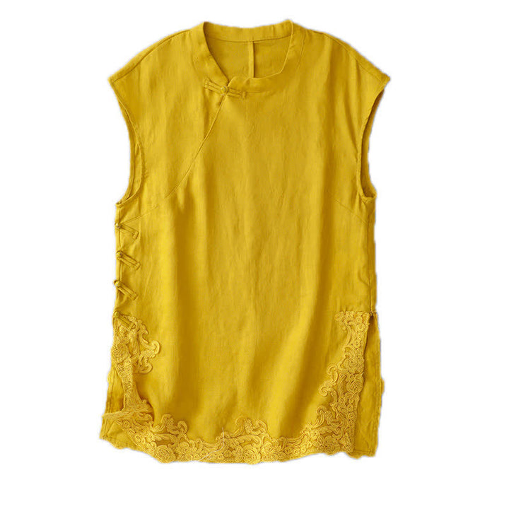 Buddha Stones Chinese Frog-Button Lace Patchwork Design Stand Collar Women's Cotton Sleeveless Vest - image 8