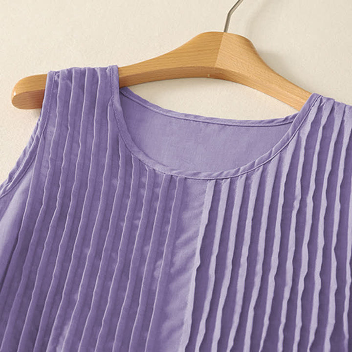 Buddha Stones Summer Pure Color Accordion Pleats Sleeveless Knee Length Dress With Pockets - image 2