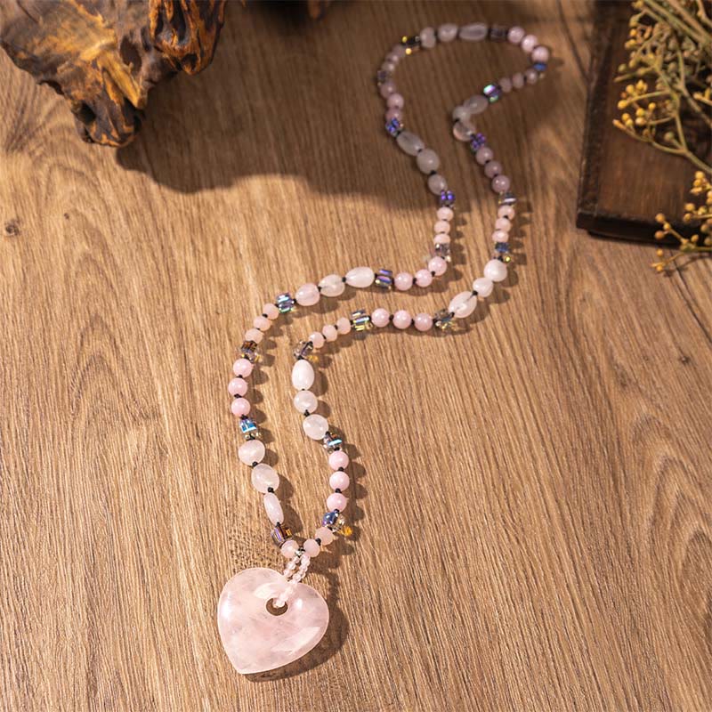 Buddha Stones Rose Quartz Green Aventurine Love Heart Beads Luck Necklace Pendant - Rose Quartz - image 1