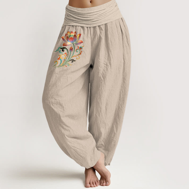Buddha Stones Cotton Colorful Lotus Flower Pattern Women's Elastic Waist Harem Pants - Tan - US16，UK/AU20，EU48 (3XL) - image 11