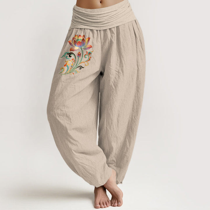 Buddha Stones Cotton Colorful Lotus Flower Pattern Women's Elastic Waist Harem Pants - Tan - US16，UK/AU20，EU48 (3XL) - image 11