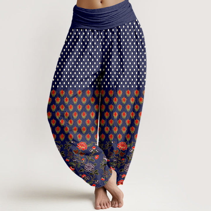 Buddha Stones Cotton Dots Red Purple Flower Pattern Women's Elastic Waist Harem Pants - MidnightBlue - US16，UK/AU20，EU48 (3XL) - image 5