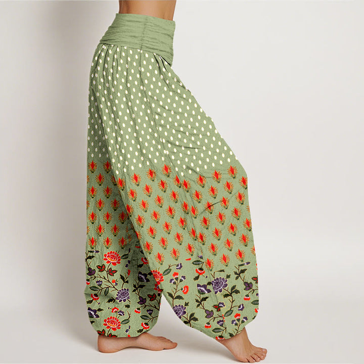 Buddha Stones Cotton Dots Red Purple Flower Pattern Women's Elastic Waist Harem Pants - image 10