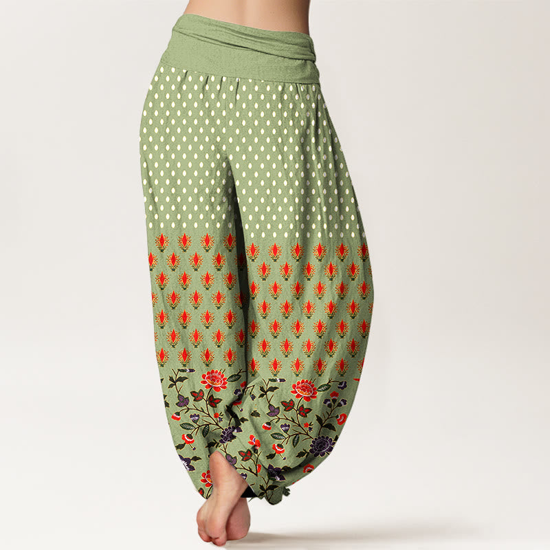 Buddha Stones Cotton Dots Red Purple Flower Pattern Women's Elastic Waist Harem Pants - image 9