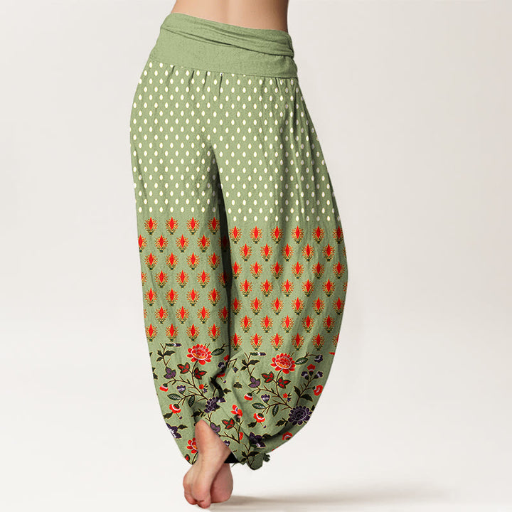 Buddha Stones Cotton Dots Red Purple Flower Pattern Women's Elastic Waist Harem Pants - image 9