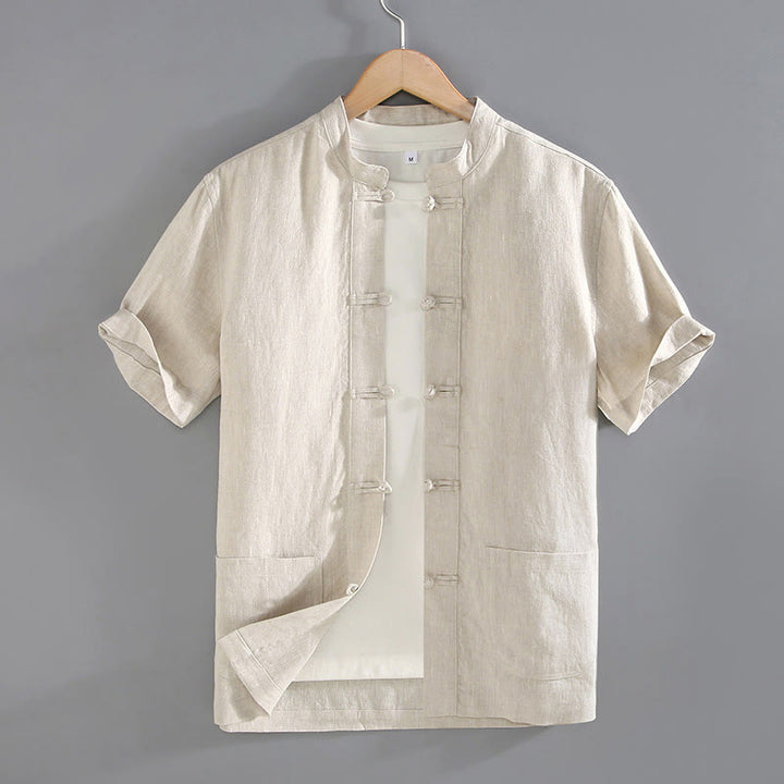 Buddha Stones Vintage Plain Tang Suit Chinese Frog-Button Men's Shirt With Pockets - Beige - US/UK/AU46，EU56 (5XL) - image 0