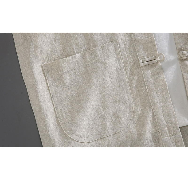 Buddha Stones Vintage Plain Tang Suit Chinese Frog-Button Men's Shirt With Pockets - image 1