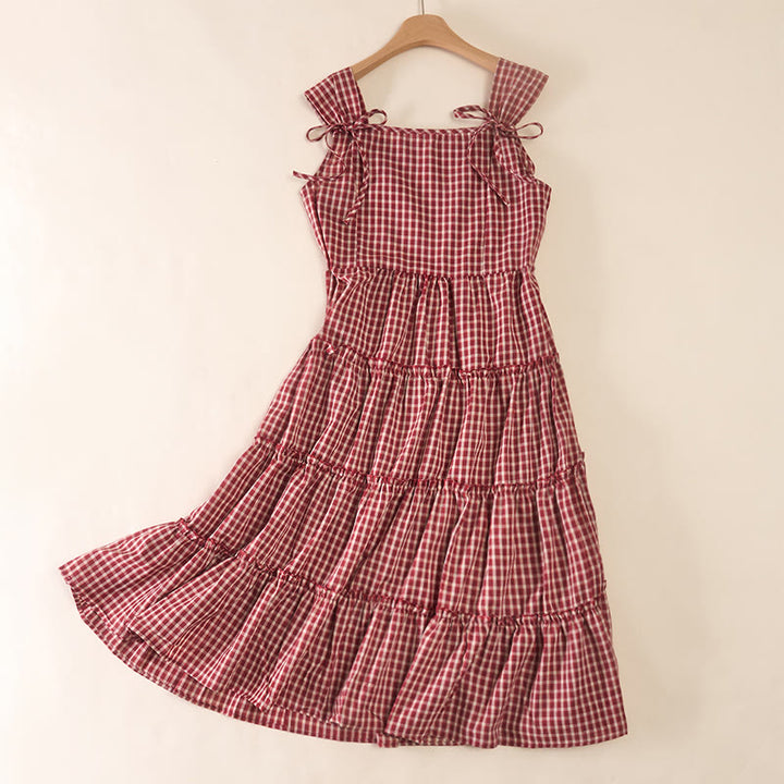 Buddha Stones Plaid Sleeveless Summer Below Knee Dress With Pockets - Salmon - US14，UK/AU18，EU46 (2XL) - image 0