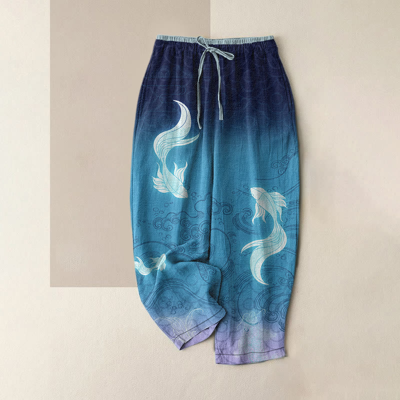 Buddha Stones Pure Cotton Koi Fish Wave Pattern Women's Elastic Waist Pants With Pockets - DarkBlue - US16，UK/AU20，EU48 (3XL) - image 0