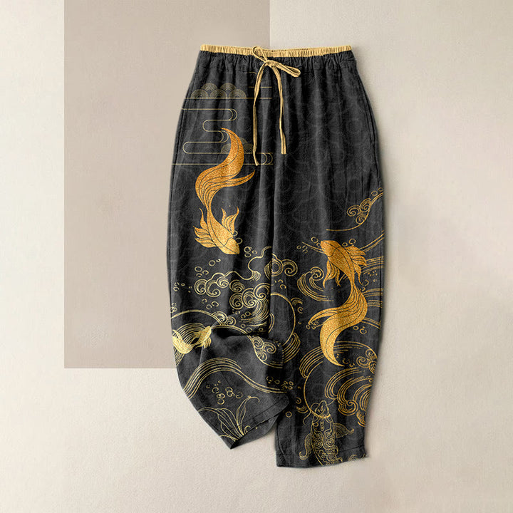 Buddha Stones Pure Cotton Koi Fish Wave Pattern Women's Elastic Waist Pants With Pockets - Black - US16，UK/AU20，EU48 (3XL) - image 5
