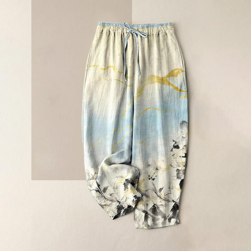 Buddha Stones Pure Cotton Ink Flower Golden Lines Pattern Women's Elastic Waist Pants With Pockets - SkyBlue - US16，UK/AU20，EU48 (3XL) - image 0