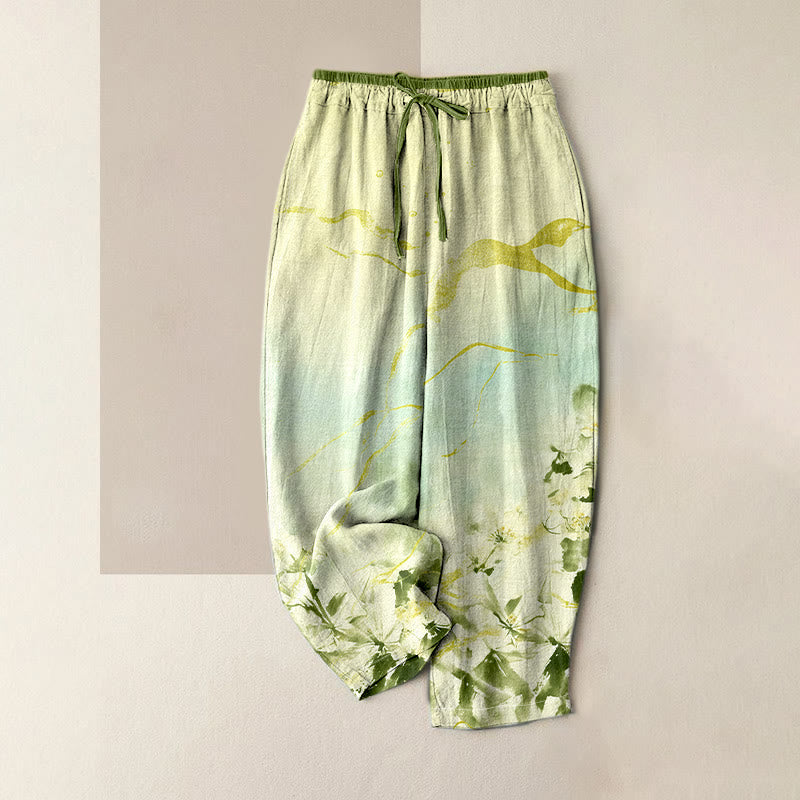 Buddha Stones Pure Cotton Ink Flower Golden Lines Pattern Women's Elastic Waist Pants With Pockets - DarkSeaGreen - US16，UK/AU20，EU48 (3XL) - image 3
