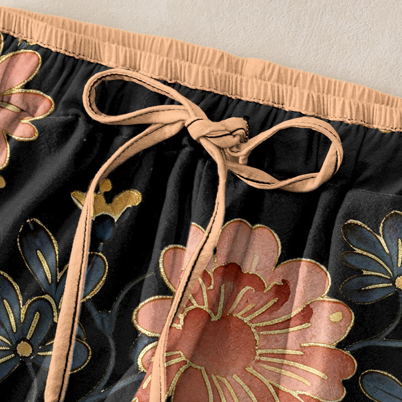 Buddha Stones Pure Cotton Cat Butterfly Pink Blossom Pattern Women's Elastic Waist Pants With Pockets - image 1