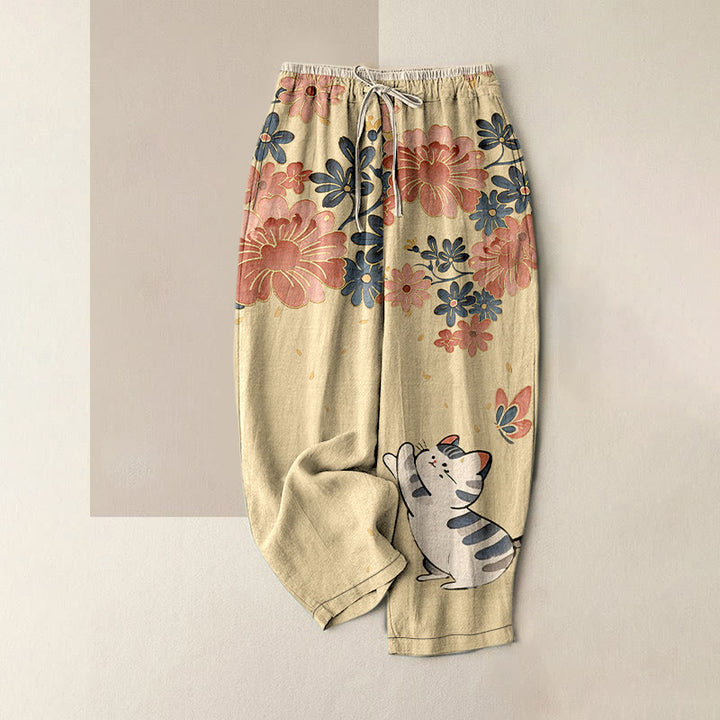 Buddha Stones Pure Cotton Cat Butterfly Pink Blossom Pattern Women's Elastic Waist Pants With Pockets - PaleGoldenrod - US16，UK/AU20，EU48 (3XL) - image 4