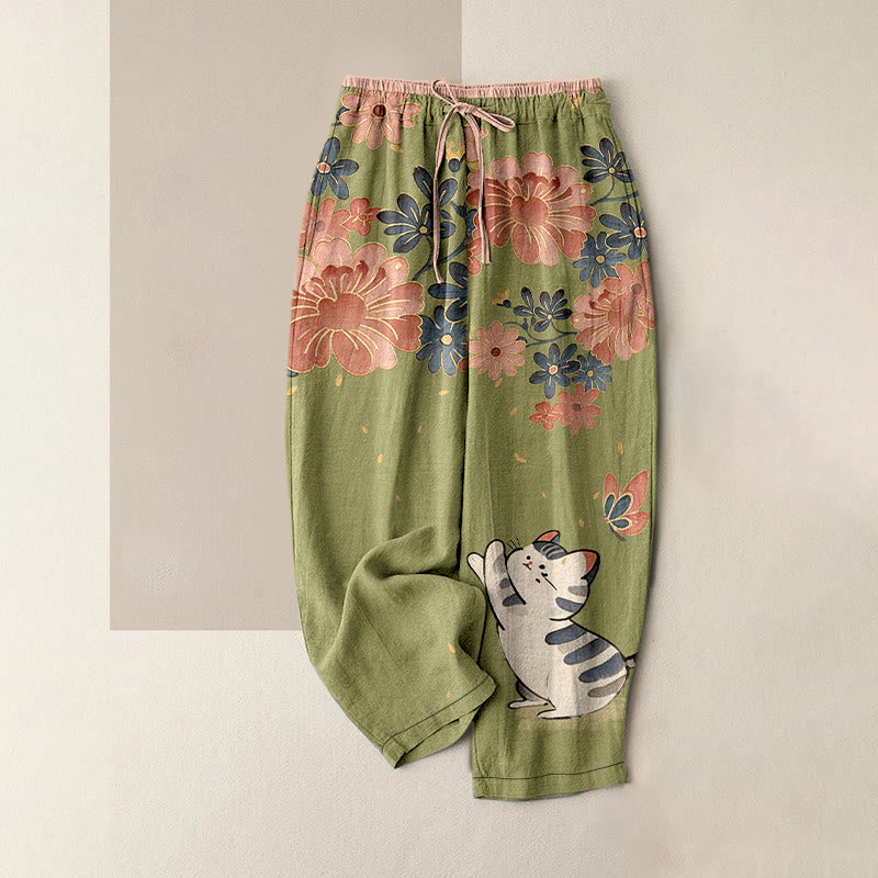 Buddha Stones Pure Cotton Cat Butterfly Pink Blossom Pattern Women's Elastic Waist Pants With Pockets - OliveDrab - US16，UK/AU20，EU48 (3XL) - image 5