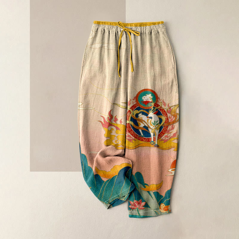 Buddha Stones Pure Cotton Deer Mountain Lotus Pattern Women's Elastic Waist Pants With Pockets - Beige - US16，UK/AU20，EU48 (3XL) - image 0