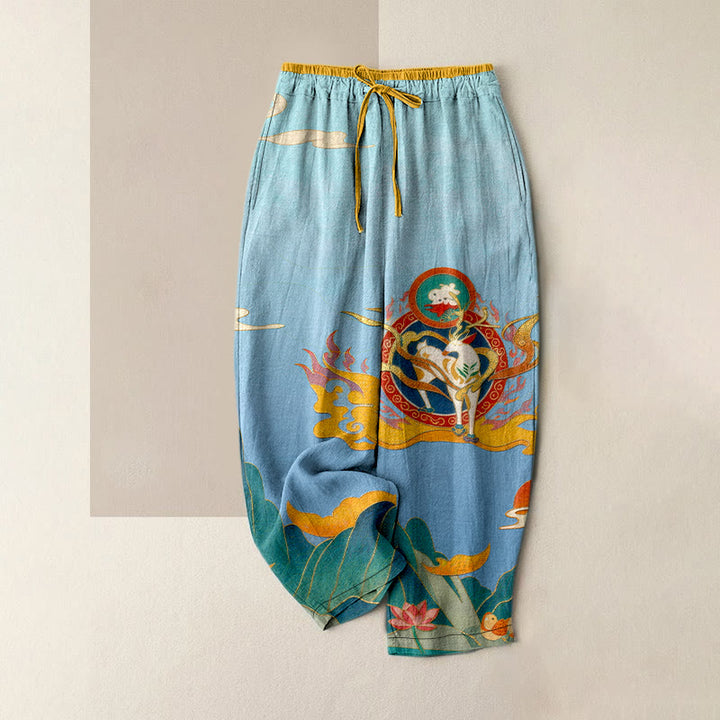 Buddha Stones Pure Cotton Deer Mountain Lotus Pattern Women's Elastic Waist Pants With Pockets - SkyBlue - US16，UK/AU20，EU48 (3XL) - image 3