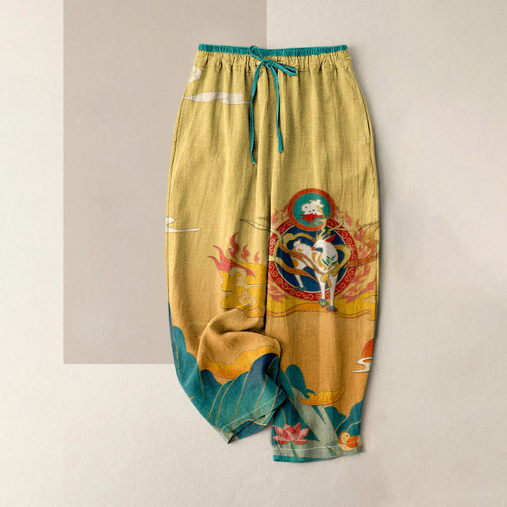 Buddha Stones Pure Cotton Deer Mountain Lotus Pattern Women's Elastic Waist Pants With Pockets - Khaki - US16，UK/AU20，EU48 (3XL) - image 4