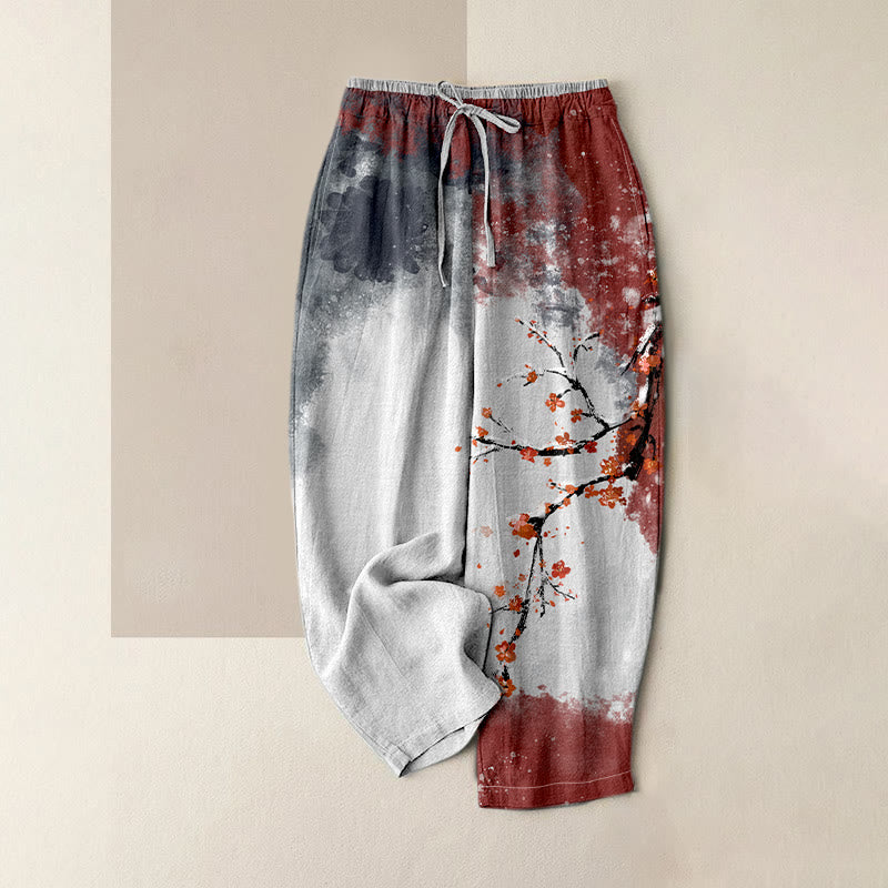 Buddha Stones Pure Cotton Plum Blossom Snow Pattern Women's Elastic Waist Pants With Pockets - SlateGray - US16，UK/AU20，EU48 (3XL) - image 0