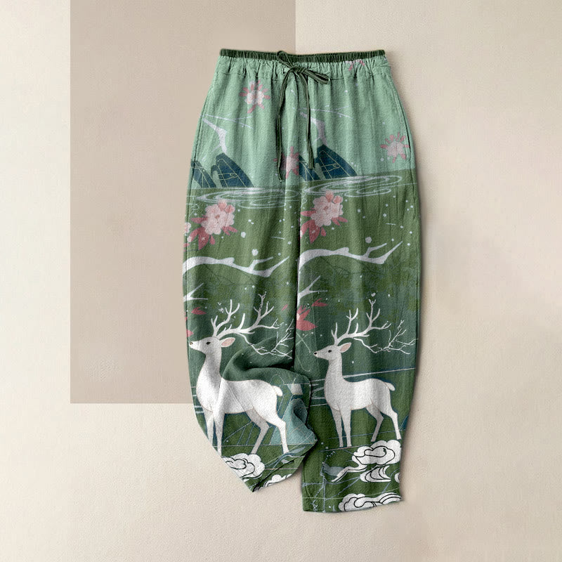 Buddha Stones Pure Cotton Pink Blossom Deer Mountain Pattern Women's Elastic Waist Pants With Pockets - DarkSeaGreen - US16，UK/AU20，EU48 (3XL) - image 3