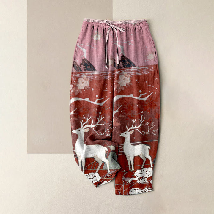 Buddha Stones Pure Cotton Pink Blossom Deer Mountain Pattern Women's Elastic Waist Pants With Pockets - FireBrick - US16，UK/AU20，EU48 (3XL) - image 6