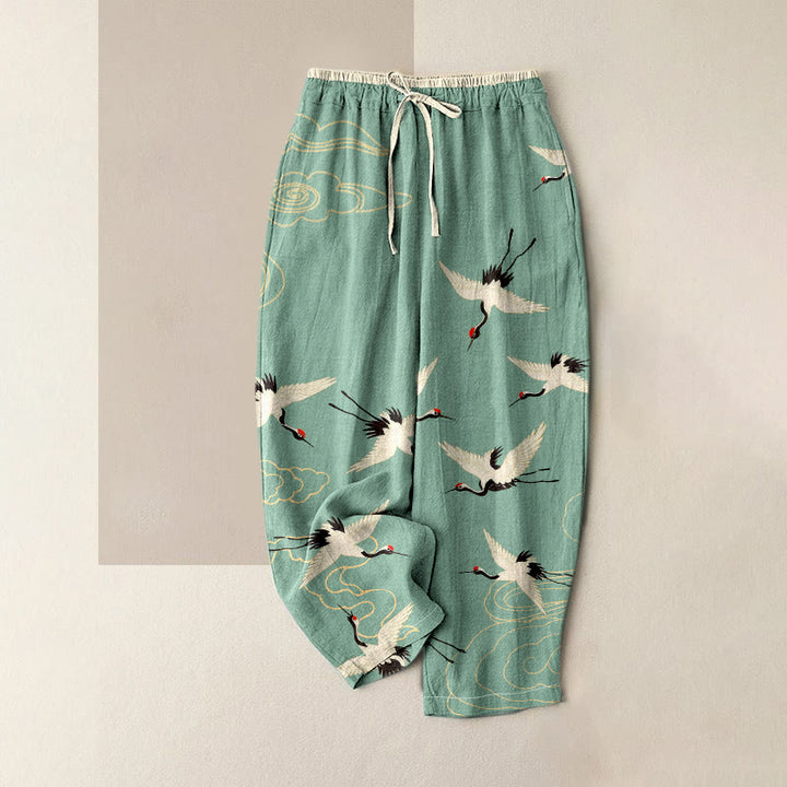 Buddha Stones Pure Cotton Crane Cloud Pattern Women's Elastic Waist Pants With Pockets - LightSeaGreen - US16，UK/AU20，EU48 (3XL) - image 0