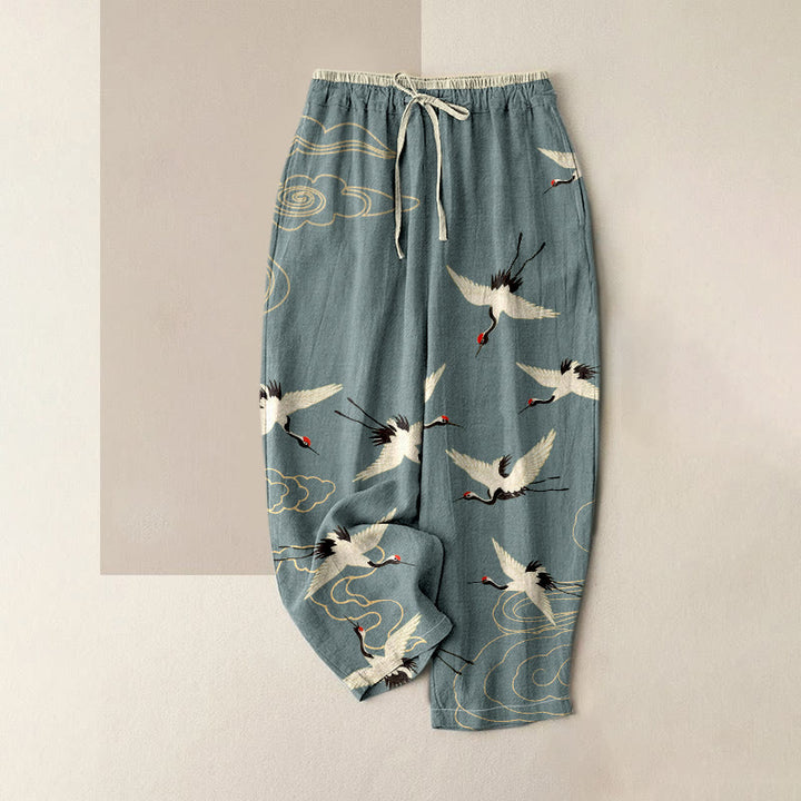 Buddha Stones Pure Cotton Crane Cloud Pattern Women's Elastic Waist Pants With Pockets - LightSlateGray - US16，UK/AU20，EU48 (3XL) - image 3