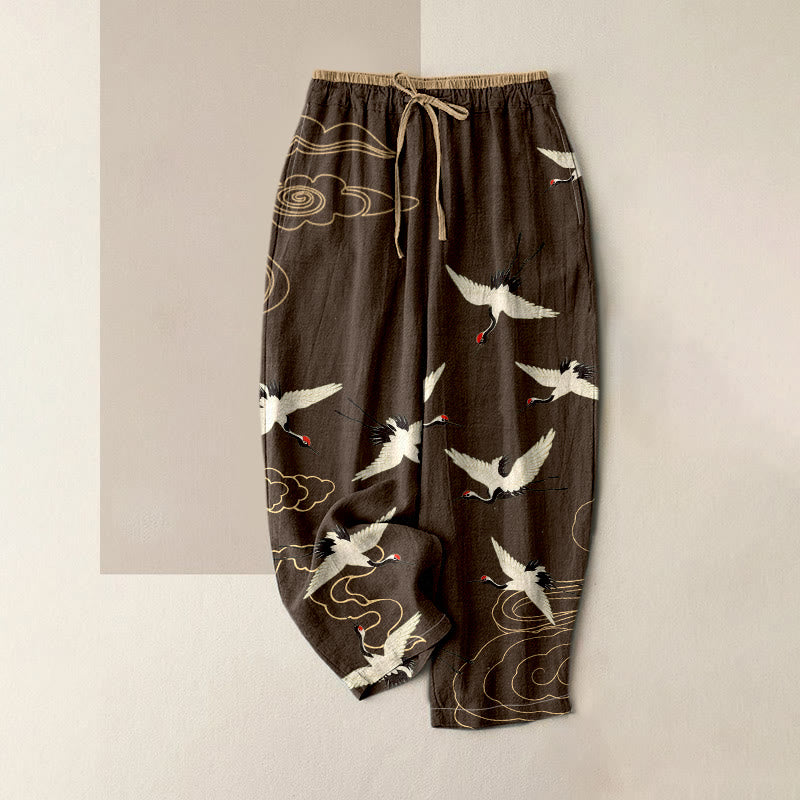 Buddha Stones Pure Cotton Crane Cloud Pattern Women's Elastic Waist Pants With Pockets - SaddleBrown - US16，UK/AU20，EU48 (3XL) - image 4