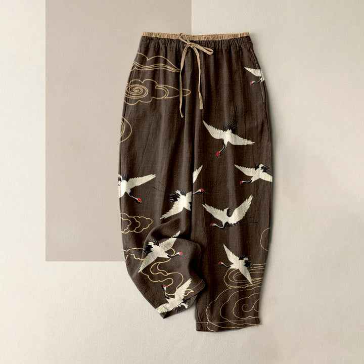 Buddha Stones Pure Cotton Crane Cloud Pattern Women's Elastic Waist Pants With Pockets - SaddleBrown - US16，UK/AU20，EU48 (3XL) - image 4