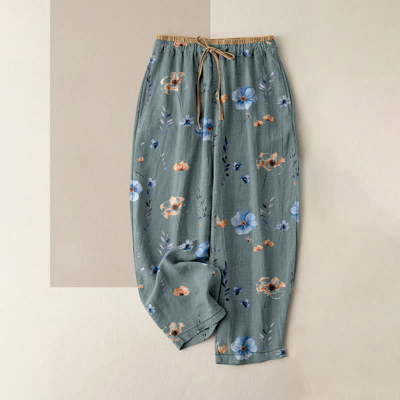 Buddha Stones Pure Cotton Wildflower Peach Blossom Pattern Women's Elastic Waist Pants With Pockets - CadetBlue - US16，UK/AU20，EU48 (3XL) - image 0