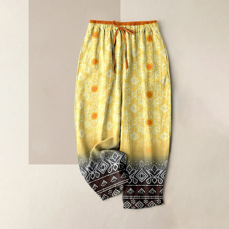 Buddha Stones Pure Cotton Geometric Diamond Motifs Dots Pattern Women's Elastic Waist Pants With Pockets - Khaki - US16，UK/AU20，EU48 (3XL) - image 3
