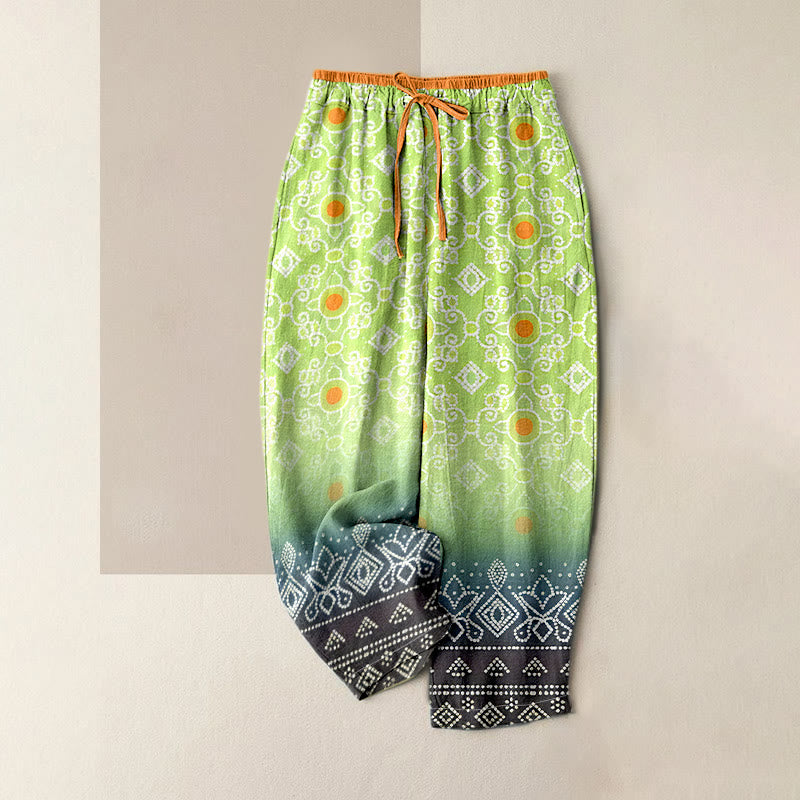 Buddha Stones Pure Cotton Geometric Diamond Motifs Dots Pattern Women's Elastic Waist Pants With Pockets - LightGreen - US16，UK/AU20，EU48 (3XL) - image 6