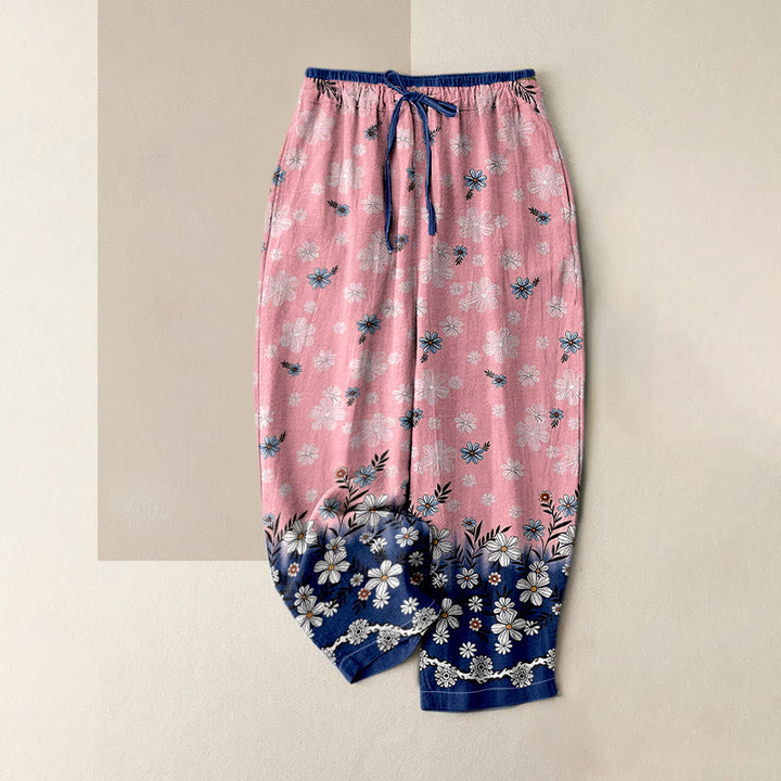 Buddha Stones Pure Cotton Daisy Pattern Women's Elastic Waist Pants With Pockets - LightPink - US16，UK/AU20，EU48 (3XL) - image 3
