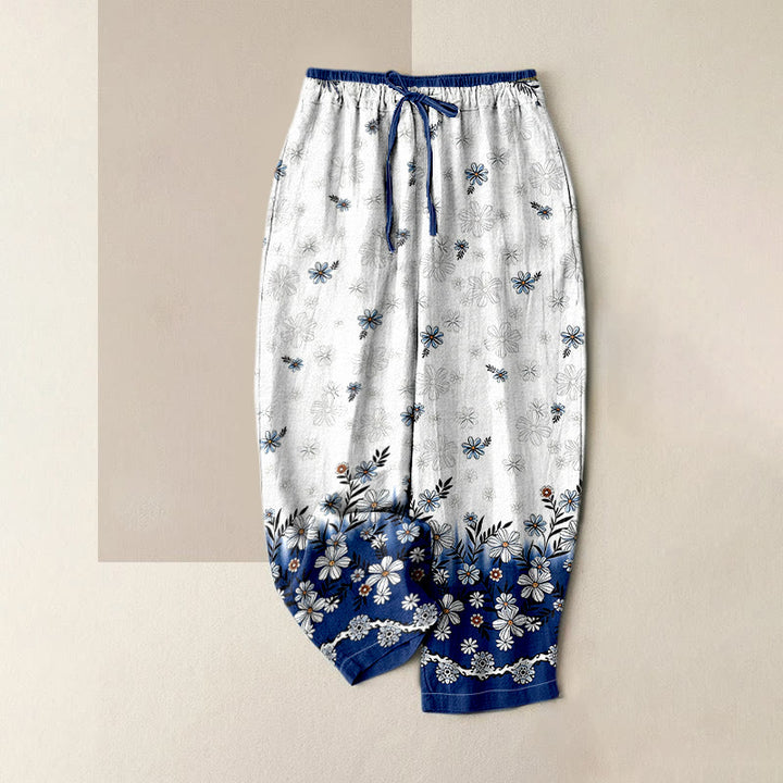 Buddha Stones Pure Cotton Daisy Pattern Women's Elastic Waist Pants With Pockets - WhiteSmoke - US16，UK/AU20，EU48 (3XL) - image 6