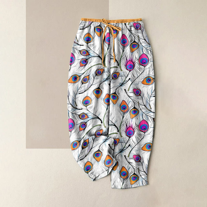 Buddha Stones Pure Cotton Peacock Heart Pattern Women's Elastic Waist Pants With Pockets - Orange - US16，UK/AU20，EU48 (3XL) - image 0