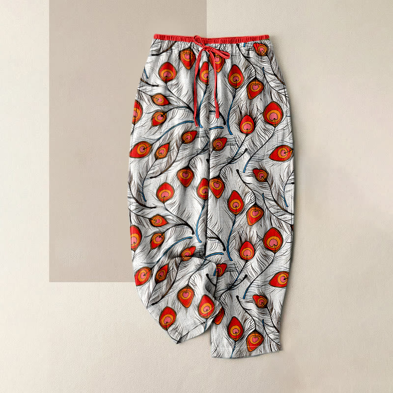 Buddha Stones Pure Cotton Peacock Heart Pattern Women's Elastic Waist Pants With Pockets - Red - US16，UK/AU20，EU48 (3XL) - image 3