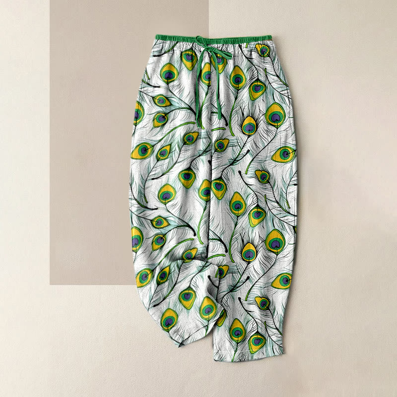 Buddha Stones Pure Cotton Peacock Heart Pattern Women's Elastic Waist Pants With Pockets - ForestGreen - US16，UK/AU20，EU48 (3XL) - image 6